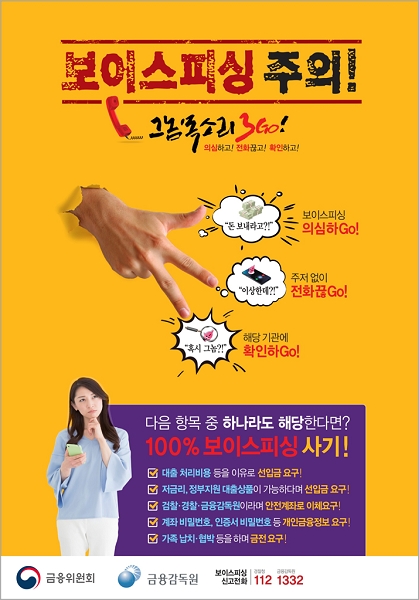 보이스피싱 주의!
www
그놈 목소리 3GC!
의심하고 전화끊고! 확인하고
보이스피싱
'돈 보내라고?'
의심하Go!
주저없이
'이상한데?!' 전화끊Go!
해당기관에
혹시 그놈?!'
확인하Go!
다음 항목 중 하나라도 해당한다면? 100% 보이스피싱 사기!
대출 처리비용 등을 이유로 선입금 요구!
저금리 정부지원대출상품이 가능하다며 선입금 요구!
B 검찰·경찰·금융감독원이라며 안전계좌로 이체요구!
계좌비밀번호 인증서 비밀번호 등 개인금융정보 요구! □ 가족납치·협박 등을하며 금전요구!
금융위원회
보이스피싱
asse
금융감독원
신고전화 112 1332